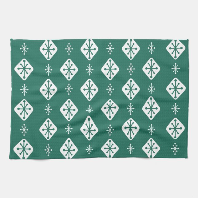 Midcentury Starbursts Diamonds Teal Kitchen Towel (Horizontal)