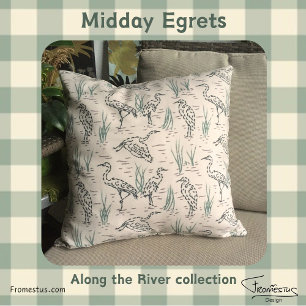 Midday Egrets - Along the River - birds pattern. Throw Pillow