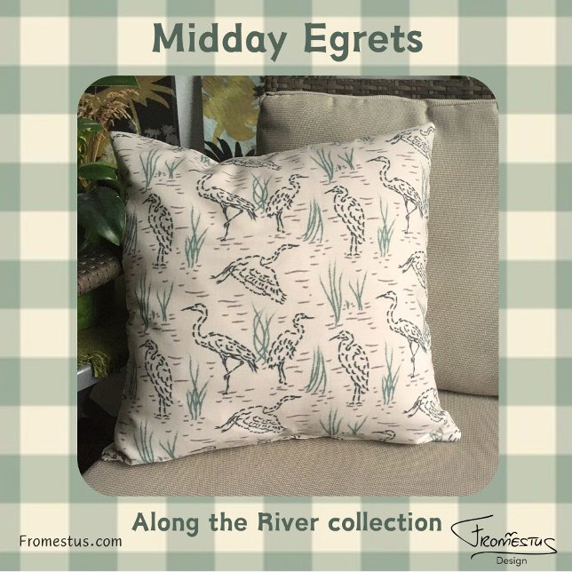 Midday Egrets - Along the River - birds pattern. Throw Pillow (Creator Uploaded)