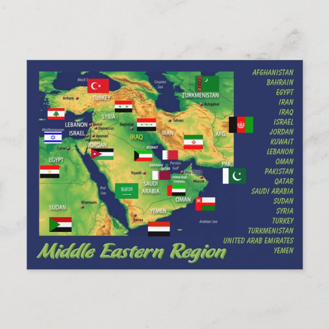 Middle- Eastern countries geographic map with flag Postcard (Front)
