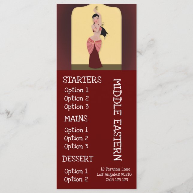 Middle Eastern restaurant dinner menu (Front)