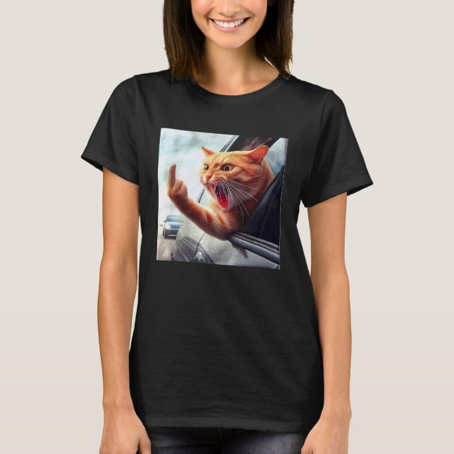 Middle Finger Angry Driving Cat T-Shirt (Front)