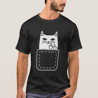 Middle Finger Cat Pocket Funny Cartoon Cat White P T-Shirt
