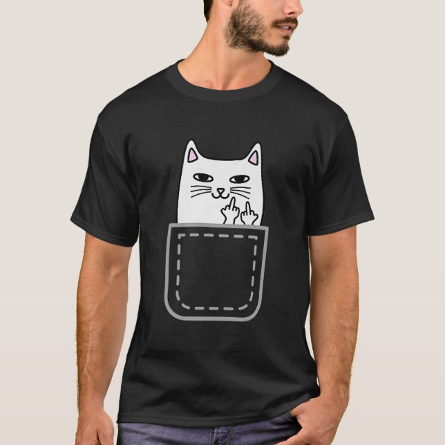 Middle Finger Cat Pocket Funny Cartoon Cat White P T-Shirt (Front)