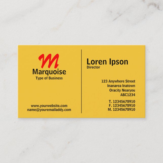 Middle Rule Monogram - Amber (FFCC33) Business Card (Front)