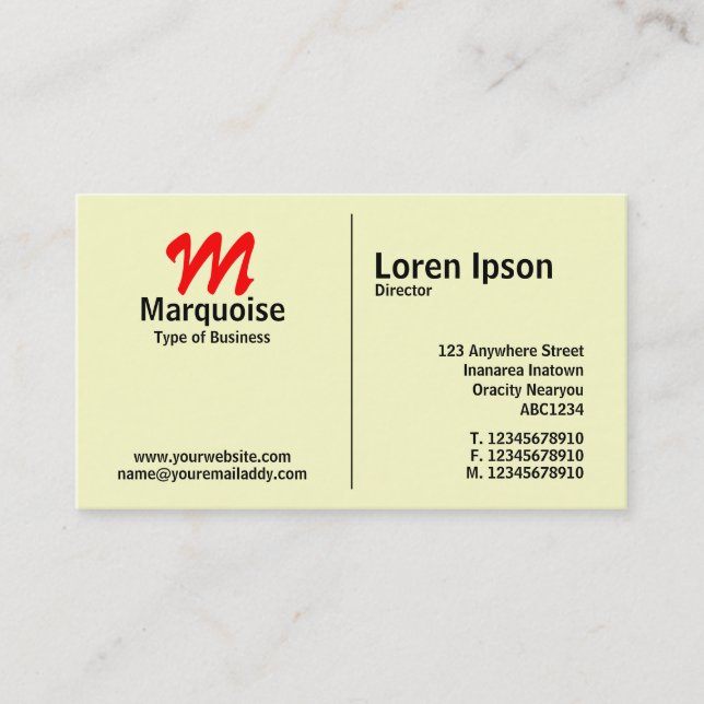 Middle Rule Monogram - Light Yellow (FFFFCC) Business Card (Front)