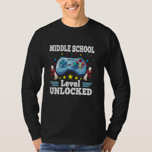 Middle School Level Unlocked Gamer Kids Boys Back  T-Shirt