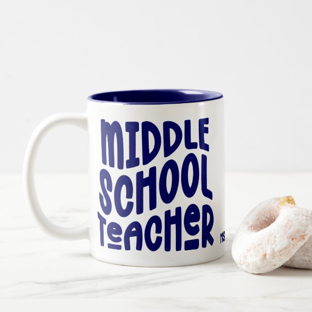 Middle School Teacher Dark Blue Typography Two-Tone Coffee Mug (With Donut)