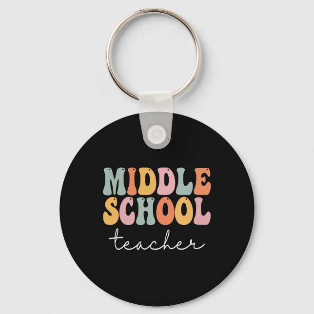 Middle School Teacher Retro Groovy Happy First Day Keychain (Front)