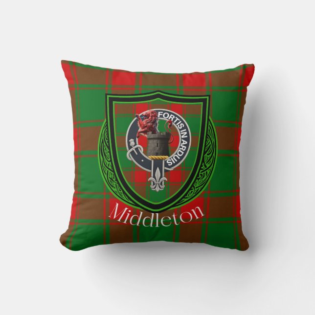 Middleton Scottish Clan Tartan & Crest Throw Pillow (Front)