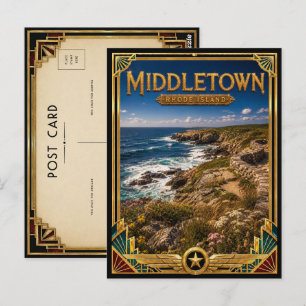 Middletown Rhode Island Vintage Art Deco Golden Postcard
