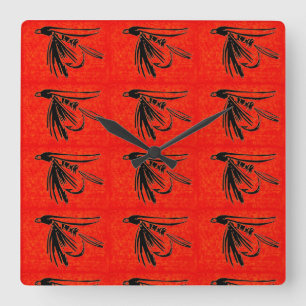 Midge in black on red fly fishing fly tying art square wall clock