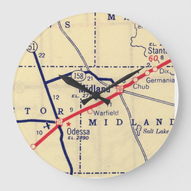 Midland Texas Vintage Map Large Clock (Front)