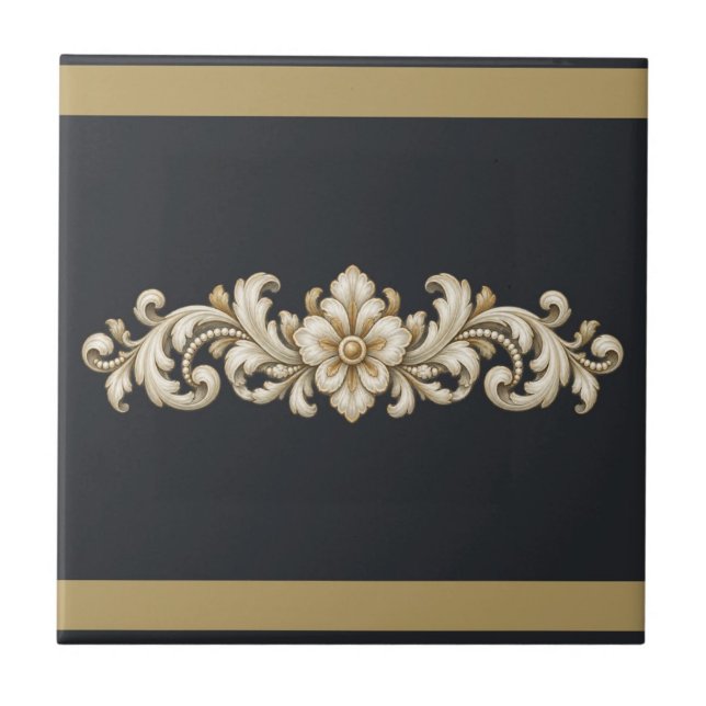 Midnight Acanthus Custom Colour Frieze Tile (Original charcoal & antique ochre palette. Background and both bands can be personalized.)