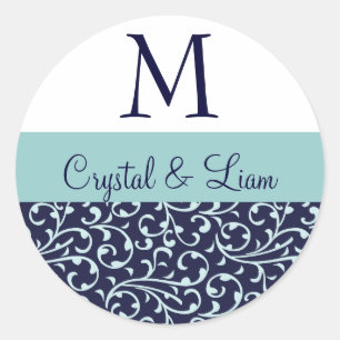MIDNIGHT and SKY BLUE Damask Wedding Monogram Classic Round Sticker