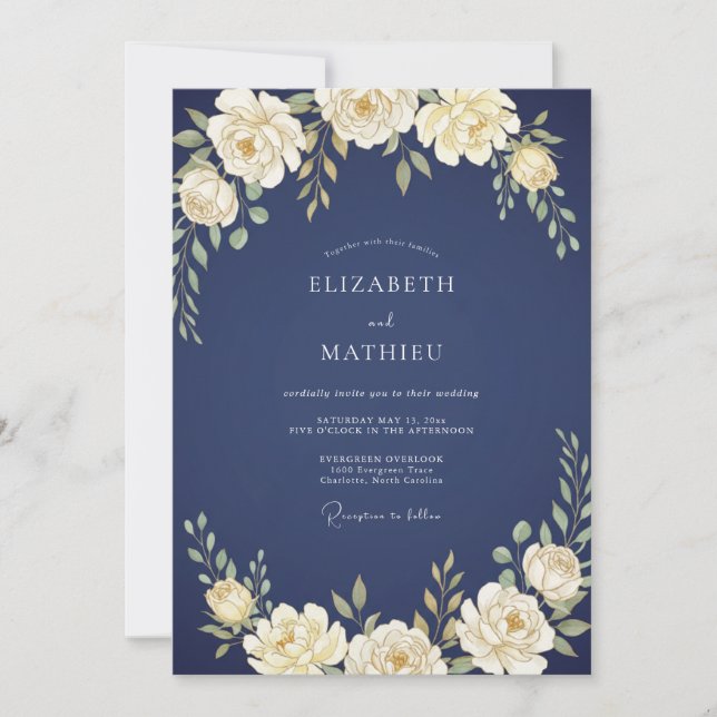 Midnight Antique Ivory Leafy Wedding Invitation (Front)