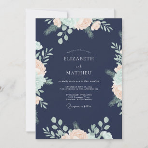 Midnight Apricot Leafy Wedding Invitation