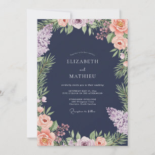 Midnight Apricot Ranunculus Eucalyptus Wedding Invitation