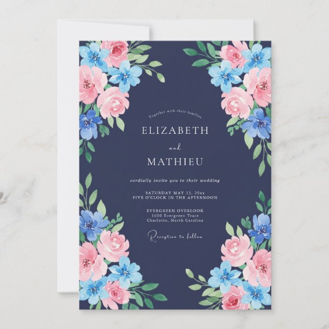 Midnight Azure Rose Wedding Invitation (Front)