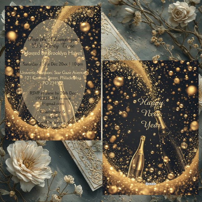 Midnight Black Gold Champagne Dreams New Year's   Invitation (Midnight Black Gold Champagne Dreams New Year's Invitation)