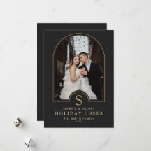Midnight Black & Gold Christmas Family Photo Greet