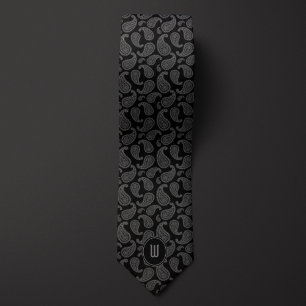 Midnight Black Monochrome Monogram Paisley Tie