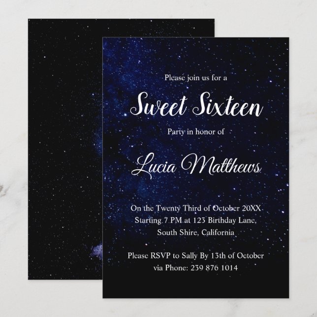 Midnight Black Stars Sweet Sixteen Invitation (Front/Back)