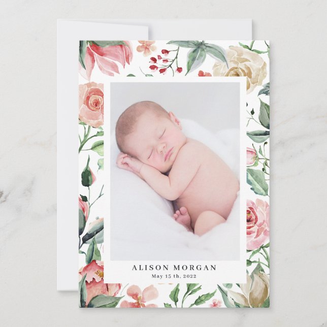 midnight bloom blush floral birth announcement (Front)