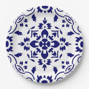 Midnight Bloom Classic Blue Floral Mosaic Paper Plate