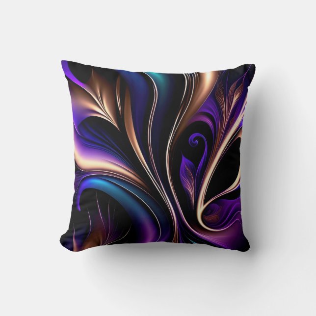 Midnight Bloom - Deep Purple, Teal & Gold Abstract Throw Pillow (Front)