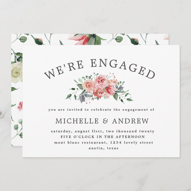 midnight bloom elegant floral engagement invitation (Front/Back)