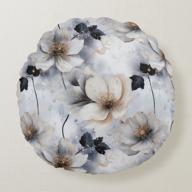 Midnight Bloom Floral Duvet Cover – Elegant  Round Pillow (Front)