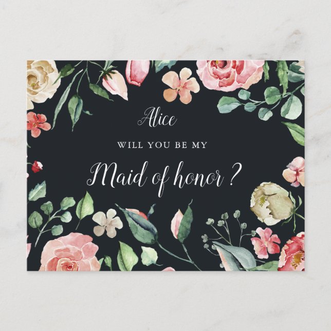 midnight bloom floral Maid of Honour Invitation Postcard (Front)