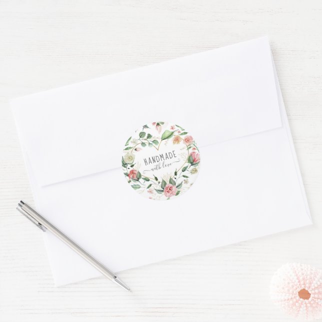 Midnight Bloom Handmade With Love Heart Floral Classic Round Sticker (Envelope)
