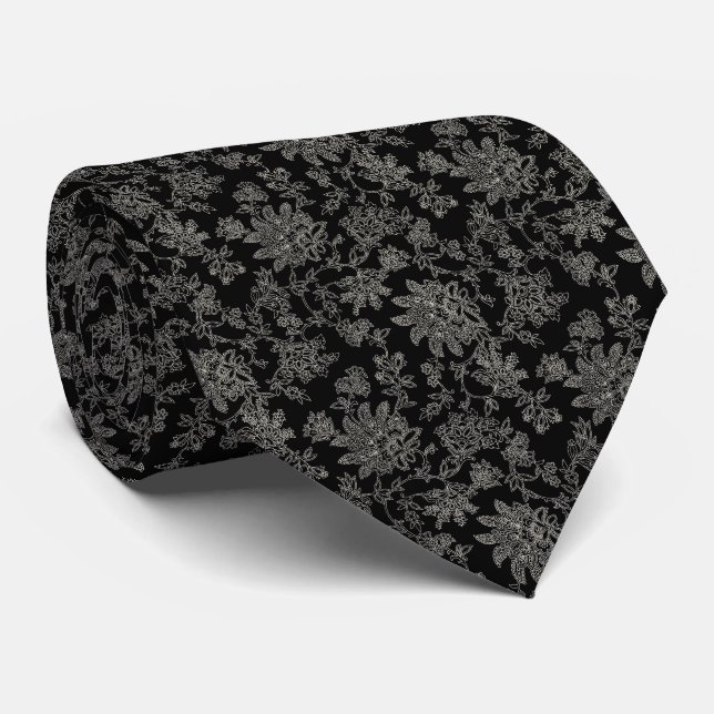 Midnight Bloom Lace Floral Pattern Wedding Tie (Rolled)