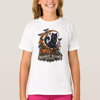 Midnight Blooms Black Cat Halloween T-Shirt