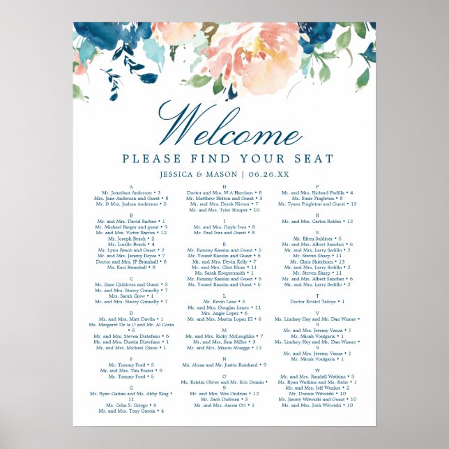 Midnight Blooms Floral Wedding Seating Chart Sign (Front)