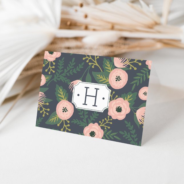 Midnight Blooms Monogram Note Card (Creator Uploaded)
