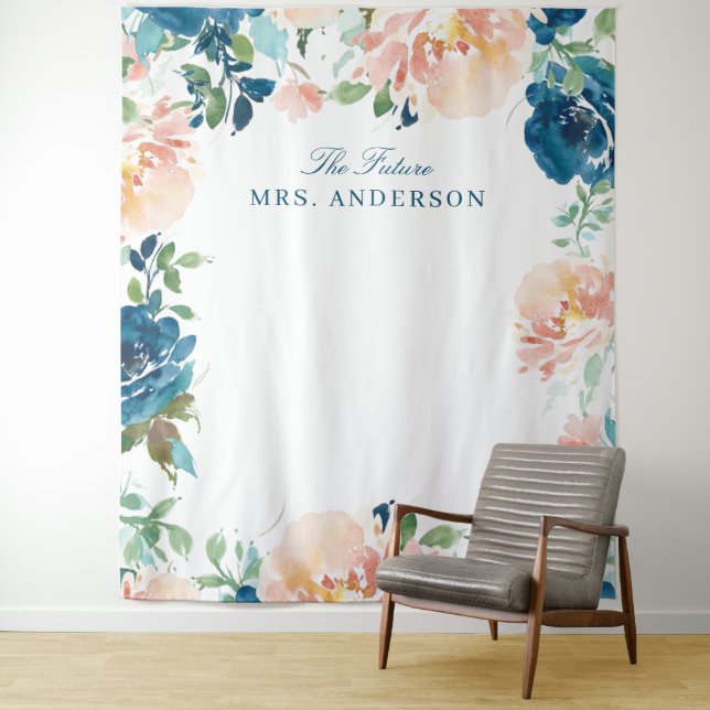 Midnight Blooms Navy Floral Bridal Backdrop Tapestry (In Situ)