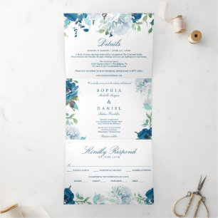 Midnight Blooms Navy Wedding Tri-Fold Invitations