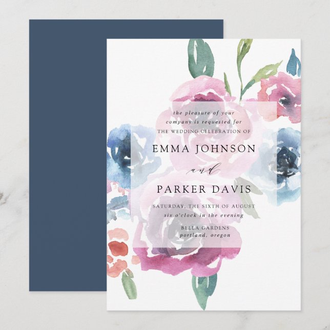 Midnight Blooms | Purple and Blue Floral Wedding Invitation (Front/Back)