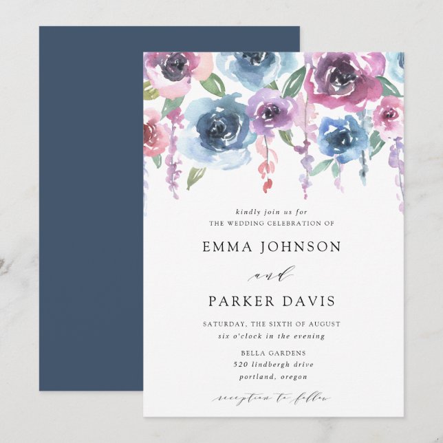 Midnight Blooms | Purple and Blue Floral Wedding Invitation (Front/Back)