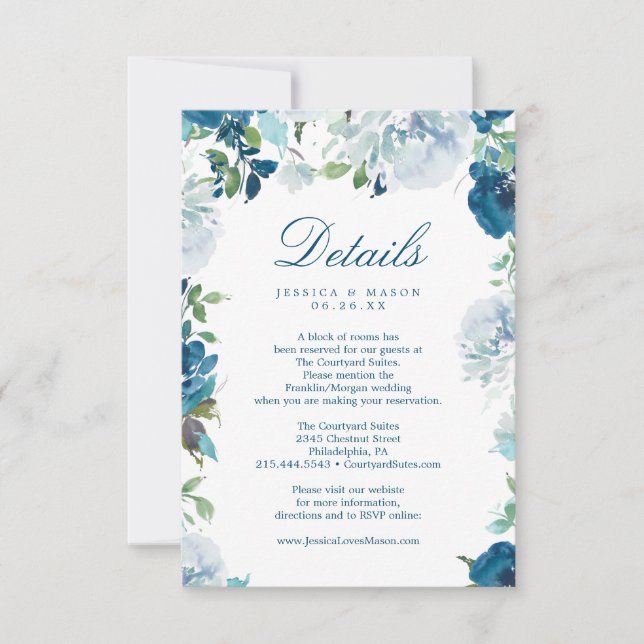 Midnight Blooms Watercolor Wedding Details Card (Front)