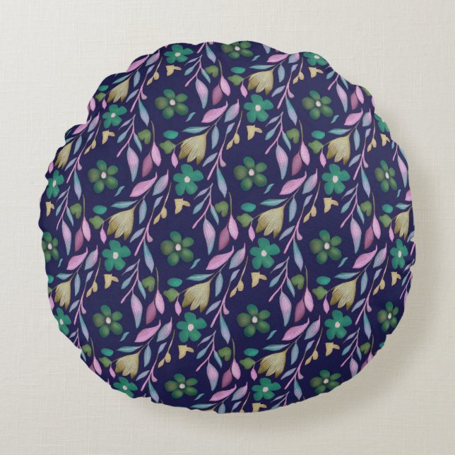Midnight Blossom Round Pillow (Front)