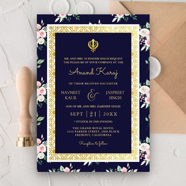 Midnight Blue Anand Karaj Punjabi Sikh Wedding Invitation (Creator Uploaded)