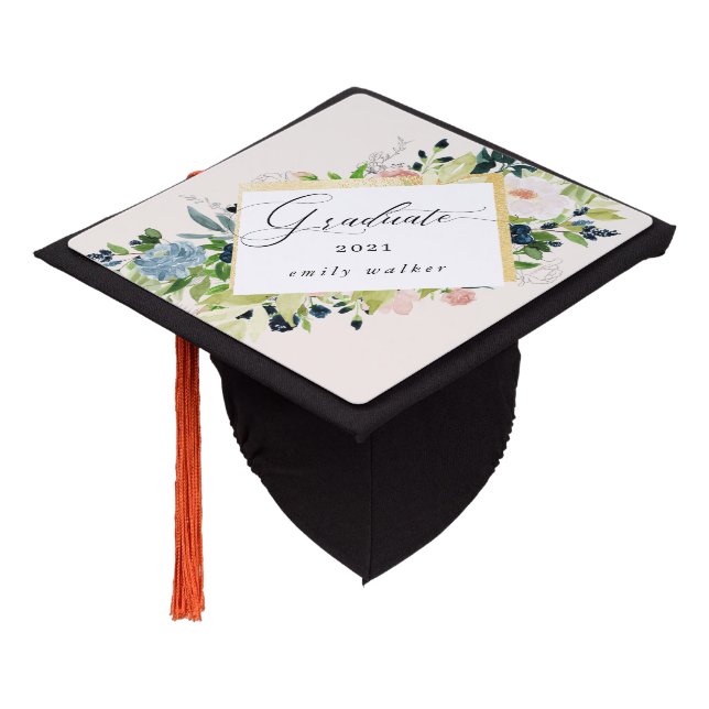 Midnight Blue And Blush Floral Graduation Cap Topper (Angled)