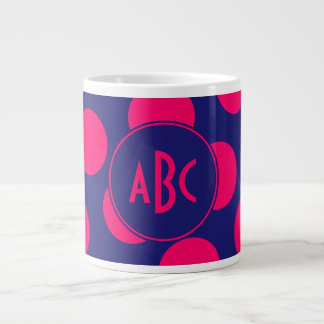 Midnight Blue and Bright Pink Dot Monogram Large Coffee Mug (Front)