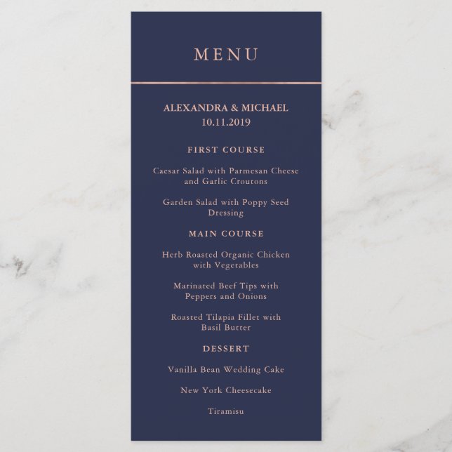 Midnight Blue and Faux Rose Gold Border Menu (Front)