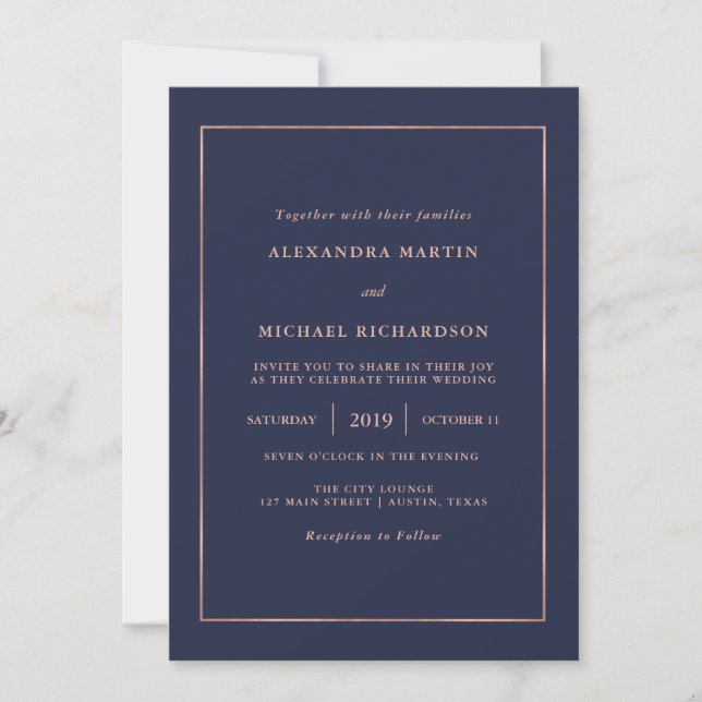 Midnight Blue and Faux Rose Gold Border Wedding Invitation (Front)