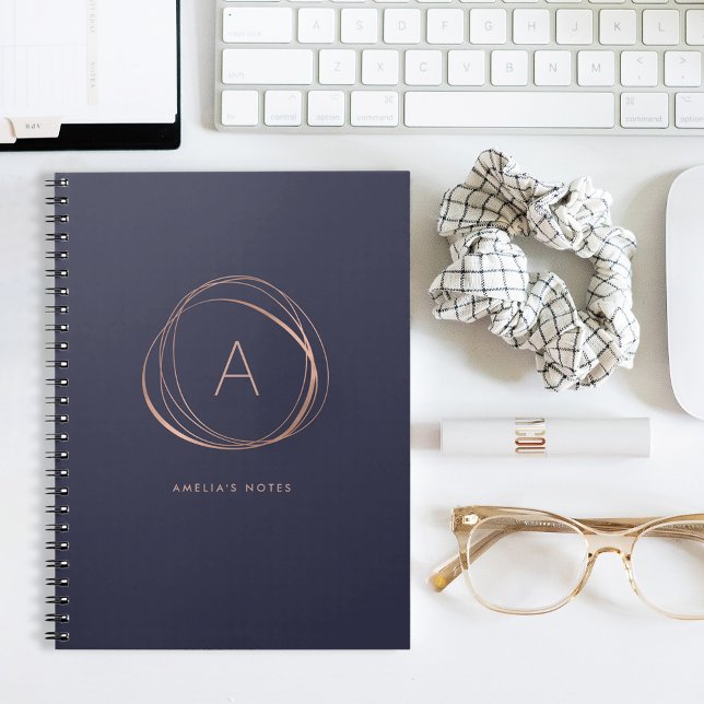 Midnight Blue and Faux Rose Gold Monogram Notebook (Creator Uploaded)